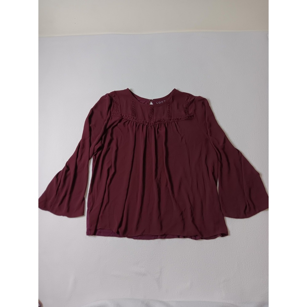 LOFT‎ Purple Blouse Womens XXL Bell Sleeve Crochet Trim Chiffon Relaxed Button
